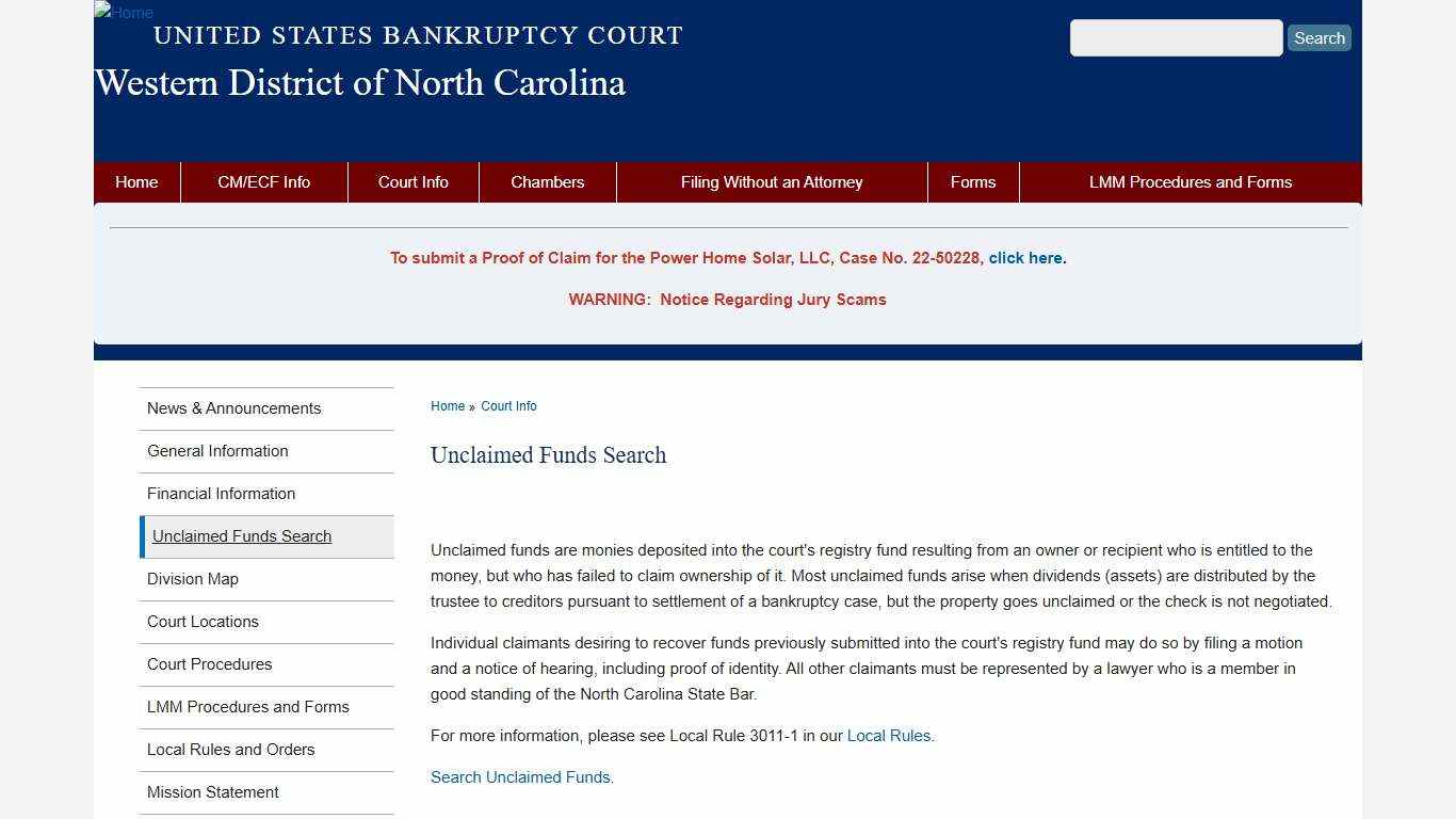 Unclaimed Funds Search | Western District of North Carolina | United States Bankruptcy Court