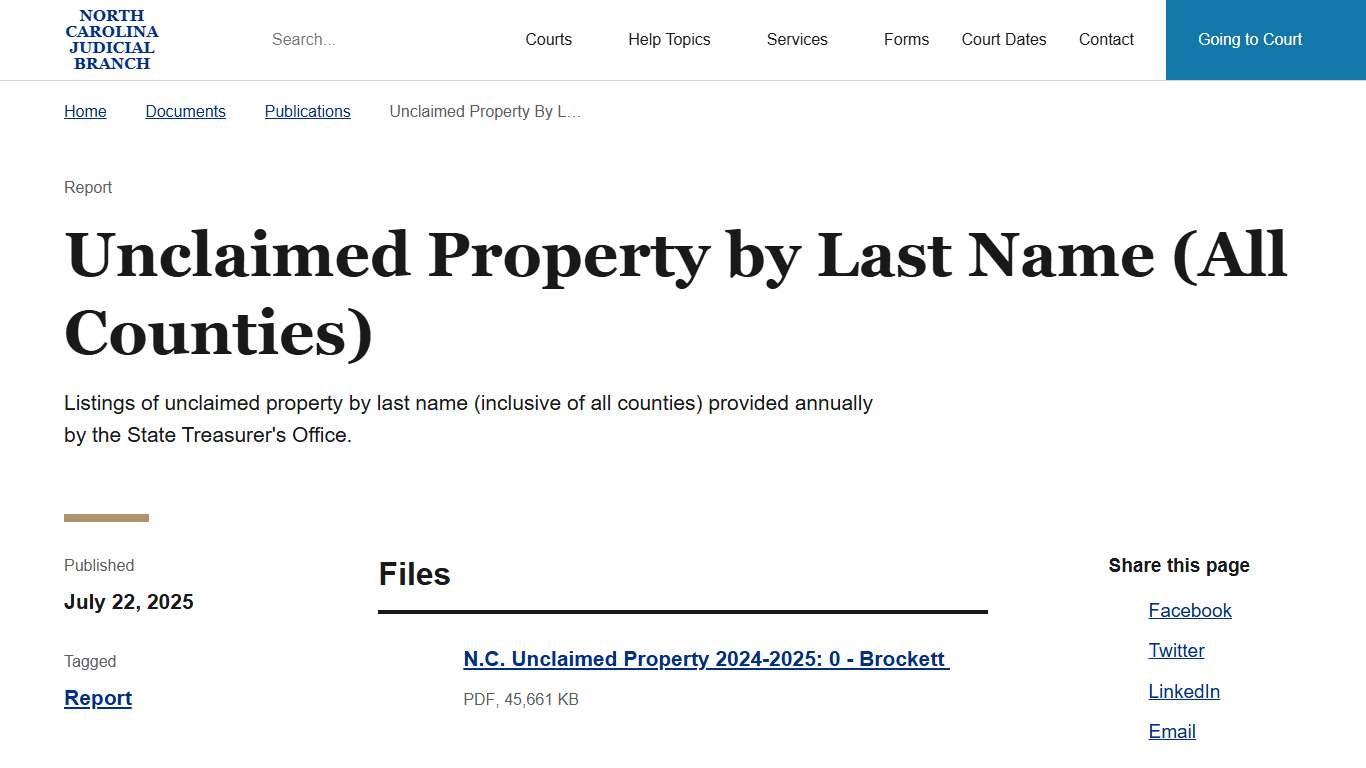 Unclaimed Property by Last Name (All Counties) | North Carolina Judicial Branch